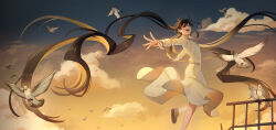 Rule 34 | 1girl, ^ ^, ^o^, bird, black hair, borrowed character, brown footwear, closed eyes, cloud, collared dress, commentary, dress, foot out of frame, gradient sky, hair between eyes, highres, long hair, long sleeves, low twintails, mono (bluesky), original, outstretched arms, pigeon, railing, shoes, sky, smile, solo, standing, standing on one leg, string, sunset, symbol-only commentary, teeth, twintails, upper teeth only, very long hair, white dress