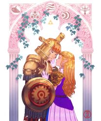 Rule 34 | 1boy, 1girl, armor, blonde hair, blue eyes, dress, hand on another&#039;s chest, hand on another&#039;s face, helmet, highres, link, looking at another, mochiwei, nintendo, pillar, pink dress, pointy ears, princess zelda, shield, shoulder armor, the legend of zelda, the legend of zelda: ocarina of time, the legend of zelda: twilight princess, tiara, triforce