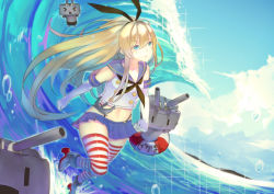 Rule 34 | 10s, 1girl, anchor symbol, black panties, black ribbon, blonde hair, blue eyes, blue skirt, collarbone, day, elbow gloves, gloves, hair ribbon, highleg, highleg panties, highres, jun project, kantai collection, long hair, looking at viewer, microskirt, midriff, navel, outdoors, panties, pleated skirt, rensouhou-chan, ribbon, shimakaze (kancolle), shirt, skirt, sky, solo, striped clothes, striped thighhighs, thighhighs, underwear, water, white gloves, white shirt