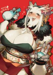 Rule 34 | 1girl, 2017, alcohol, bird, breasts, chicken, chinese zodiac, copyright request, furry, highres, huge breasts, japanese clothes, open mouth, rikose, rooster, sake, year of the rooster