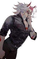 Rule 34 | 1boy, alternate costume, arataki itto, belt, black nails, body markings, bulge, casual, cigarette, clenched hand, collared shirt, genshin impact, hair intakes, highres, holding, holding cigarette, horns, kmjr, male focus, multicolored hair, muscular, muscular male, nail polish, oni horns, pants, partially unbuttoned, pectoral cleavage, pectorals, print shirt, shirt, sleeves rolled up, smoke, smoking, solo, streaked hair, sunglasses, tight clothes, tight pants, white background, white hair