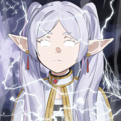 Rule 34 | 1girl, capelet, closed mouth, earrings, elf, fikkyun, frieren, glowing, glowing eyes, grey hair, jewelry, light frown, lightning, long hair, meme, pointy ears, shirt, solo, sousou no frieren, striped clothes, striped shirt, twintails, white capelet, you should kill yourself now (meme)