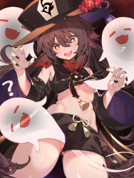 Rule 34 | 1girl, ?, black hat, black nails, blush, brown hair, crop top, detached sleeves, flower, genshin impact, ghost, gluteal fold, hair between eyes, hat, hat flower, highres, hu tao (genshin impact), jewelry, long hair, long sleeves, looking at viewer, nail polish, open mouth, pussy, pussy peek, red eyes, ring, shorts, solo, sweat, symbol-shaped pupils, twintails, very long hair, waterring