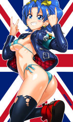 Rule 34 | 10s, 1girl, ass, bikini, blue bikini, blue eyes, blue hair, blue jacket, blush, boots, breasts, buttons, commentary request, covered erect nipples, earrings, fang, fingernails, flag background, from side, hair ribbon, highres, jacket, jewelry, kirakira precure a la mode, leather, leather jacket, leg up, long hair, long sleeves, looking at viewer, looking back, micro bikini, nail polish, precure, ribbon, ring, satou shouji, shiny skin, small breasts, smile, solo, swimsuit, tategami aoi, teeth, thighhighs, torn clothes, torn thighhighs, union jack