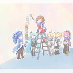 Rule 34 | . ., 2boys, 4girls, ^^^, aqua hair, aqua necktie, arm up, bare shoulders, black legwear, black shorts, black skirt, black sleeves, blonde hair, blue bow, blue hair, blue scarf, boots, bow, brown hair, brown pants, coat, commentary, crop top, detached sleeves, food, gold trim, grey shirt, hair bow, hair ornament, hairband, hat, hat ribbon, hatsune miku, highres, holding, holding food, ice cream, ice cream cup, ice cream scoop, kagamine len, kagamine rin, kaito (vocaloid), knee boots, ladder, leaning forward, leg warmers, long hair, megurine luka, meiko (vocaloid), miniskirt, multiple boys, multiple girls, neckerchief, necktie, o o, open mouth, outstretched arm, pants, pink hair, red shirt, red skirt, ribbon, scarf, shirt, short hair, short ponytail, short shorts, short sleeves, shorts, skirt, sleeveless, sleeveless shirt, smile, sparkle, spiked hair, surprised, swept bangs, thighhighs, twintails, udoseku, very long hair, vocaloid, white bow, white coat, white shirt, yellow neckerchief, zettai ryouiki