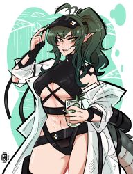 Rule 34 | 1girl, abs, absurdres, adjusting clothes, adjusting headwear, arknights, black headwear, breasts, bright pupils, brown eyes, cleavage, crocodilian tail, cup, drinking glass, fang, gavial (arknights), green hair, green nails, highres, holding, holding cup, large breasts, lips, looking at viewer, medium hair, muscular, muscular female, nail polish, navel, parted lips, pointy ears, ponytail, scruffyturtles, smile, solo, tail, teeth, underboob, white pupils