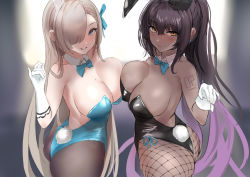 Rule 34 | 2girls, animal ears, ass, asuna (blue archive), asuna (bunny) (blue archive), bare shoulders, black hair, black leotard, blue archive, blue eyes, blue leotard, blush, breasts, cleavage, dark-skinned female, dark skin, detached collar, dh-zone, elbow gloves, fake animal ears, fishnet legwear, fishnets, gloves, hair over one eye, highleg, highleg leotard, highres, karin (blue archive), karin (bunny) (blue archive), large breasts, leotard, light brown hair, long hair, looking at viewer, mole, mole on breast, multiple girls, pantyhose, playboy bunny, ponytail, rabbit ears, rabbit tail, sidelocks, smile, tail, thighs, white gloves, yellow eyes