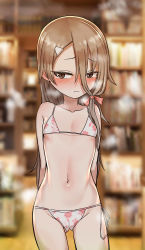 Rule 34 | 1girl, absurdres, arms behind back, bare arms, bare shoulders, bikini, blurry, blurry background, blush, breasts, brown eyes, brown hair, cameltoe, closed mouth, collarbone, commentary request, depth of field, floral print, groin, hair between eyes, hair ornament, hairclip, heavy breathing, highres, long hair, looking away, looking to the side, mikage sakurako, navel, nose blush, note2000, print bikini, side-tie bikini bottom, small breasts, solo, soredemo ayumu wa yosetekuru, swimsuit, very long hair, white bikini