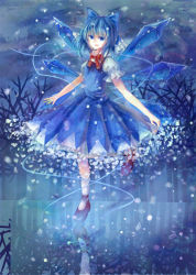 Rule 34 | 1girl, bad id, bad pixiv id, bare tree, blue dress, blue hair, blue theme, bow, bowtie, cirno, dress, eityse (rinsy), full body, hair bow, ice, ice wings, short hair, solo, standing, standing on one leg, touhou, tree, wings