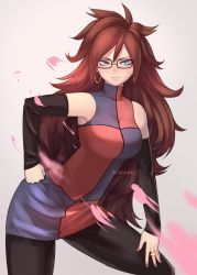 Rule 34 | 1girl, android 21, arm warmers, artist name, bare shoulders, big hair, black-framed eyewear, black nails, black pantyhose, blue eyes, breasts, brown hair, closed mouth, curly hair, dragon ball, dragon ball fighterz, dress, earrings, fingernails, glasses, gradient background, grey background, hand on own thigh, highres, hikareki, hoop earrings, jewelry, long hair, looking at viewer, multicolored clothes, multicolored dress, nail polish, pantyhose, pink background, red hair, red nails, ring, smile, solo, thighs