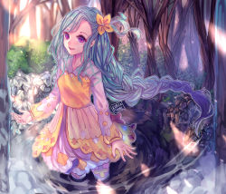 Rule 34 | 1girl, :d, artist name, blue hair, braid, commentary, english commentary, forest, kobutanori, long hair, long sleeves, looking at viewer, nature, open mouth, original, parted bangs, pond, puffy long sleeves, puffy sleeves, purple eyes, single braid, smile, solo, standing, tree, very long hair, wading, water