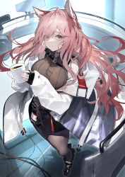 Rule 34 | 1girl, absurdres, amagasa yun, animal ears, bad source, bare shoulders, black skirt, breasts, coffee, coffee mug, cup, full body, girls&#039; frontline, girls&#039; frontline neural cloud, highres, holding, holding cup, lab coat, large breasts, long hair, looking at viewer, mug, off shoulder, pantyhose, persicaria (neural cloud), pink eyes, pink hair, ribbed sweater, skirt, sleeves past wrists, smile, solo, sweater, sweater vest