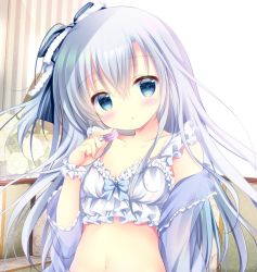 Rule 34 | 1girl, blue bow, blue eyes, blue hair, blue shirt, blush, bow, bow bra, bra, commentary request, food, hair between eyes, hair bow, head tilt, holding, holding food, long hair, looking at viewer, macaron, navel, off shoulder, open clothes, open shirt, original, parted lips, see-through, shirogane hina, shirt, solo, striped, striped bow, underwear, upper body, vertical stripes, very long hair, white bra