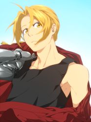 Rule 34 | 1boy, automail, black shirt, blonde hair, blouse, blue background, coat, collarbone, edward elric, fullmetal alchemist, gradient background, hair between eyes, looking at viewer, male focus, mechanical arms, prosthesis, red coat, shirt, single mechanical arm, sleeveless, solo, tank top, upper body, white background, yellow eyes, yoshikazu (ooyskzoo)