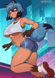 Rule 34 | 1girl, animal ears, blue hair, brand new animal, breasts, claws, closed mouth, dolphin shorts, full body, furry, furry female, jacket, kagemori michiru, large breasts, multicolored eyes, multicolored hair, raccoon ears, raccoon girl, raccoon tail, red jacket, redjet, shirt, short hair, short shorts, shorts, smile, solo, tail, tanuki, track jacket, underboob
