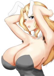 Rule 34 | 1girl, armpit hair, armpits, arms behind head, blonde hair, blue eyes, blush, breasts, cleavage, girls und panzer, highres, huge breasts, iwanishi, kay (girls und panzer), leotard, long hair, looking at viewer, open mouth, playboy bunny, rabbit ears, solo