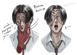 Rule 34 | 1boy, absurdres, black hair, choujin x, collared shirt, disembodied hand, extra eyes, highres, looking at viewer, maxm sama, noh mask (choujin x), noose, open mouth, patchwork skin, shirt, short hair, simple background, squeezing, stitched face, stitches, white background, white shirt