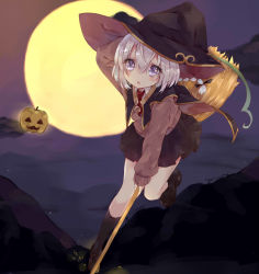 Rule 34 | 1girl, black skirt, black socks, blush, braid, broom, broom riding, brown footwear, cape, collared shirt, d:, full body, full moon, halloween, hat, highres, holding, jack-o&#039;-lantern, kamizaki hibana, kneehighs, leg up, loafers, long sleeves, moon, necktie, night, open mouth, original, outdoors, outstretched arm, pleated skirt, purple hair, red necktie, shirt, shoes, short necktie, silver hair, skirt, socks, solo, wing collar, witch, witch hat