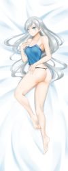 Rule 34 | 1girl, absurdres, ass, barefoot, bed sheet, black panties, blue eyes, blue shirt, butt crack, closed mouth, collarbone, dakimakura (medium), from above, full body, highres, incredibly absurdres, kimmy77, long hair, lying, on side, panties, rwby, scar, scar across eye, scar on face, shiny skin, shirt, silver hair, sleeveless, sleeveless shirt, smile, soles, solo, straight hair, striped clothes, striped panties, swept bangs, underwear, very long hair, weiss schnee
