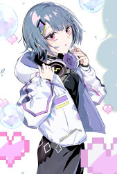 Rule 34 | 1girl, absurdres, blue hair, headphones, headphones around neck, heart, highres, hood, hooded jacket, jacket, koshimizu toru, koshimizu toru (1st costume), looking at viewer, nijisanji, open clothes, open jacket, parted lips, purple eyes, purple nails, ryoma (rym 369), short hair, solo, triangle hair ornament, virtual youtuber, white jacket
