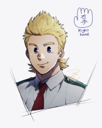 Rule 34 | 1boy, bad id, bad twitter id, blonde hair, blue eyes, boku no hero academia, cropped shoulders, face, highres, looking at viewer, mahoubin (totemo hot dayo), male focus, necktie, shirt, short hair, sideburns, smile, solo, spiked hair, togata mirio, white shirt