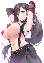 Rule 34 | 1girl, akizora momiji, areola slip, armpits, arms up, bare shoulders, belt, black gloves, black hair, black skirt, breasts, clothes lift, commentary request, covered erect nipples, cowboy shot, crop top, earrings, elbow gloves, final fantasy, final fantasy vii, final fantasy vii remake, fingerless gloves, gloves, heart pasties, highres, jewelry, large breasts, long hair, looking at viewer, low-tied long hair, midriff, navel, pasties, pleated skirt, red eyes, shirt, shirt lift, simple background, skirt, sleeveless, sleeveless shirt, smile, solo, stomach, suspender skirt, suspenders, tifa lockhart, very long hair, white background, white shirt