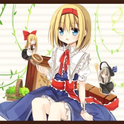 Rule 34 | 1girl, :o, alice margatroid, basket, blonde hair, blue eyes, bow, capelet, doll, food, hair bow, letterboxed, long hair, necktie, painting (object), plant, red eyes, sash, shanghai, shanghai doll, silver hair, sitting, solo, spoon, touhou, vines, wrist cuffs, yuuhagi (amaretto-no-natsu)