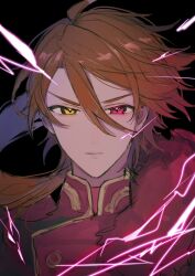 Rule 34 | 1boy, angry, black background, cain knightley, heterochromia, highres, jacket, long hair, looking at viewer, low ponytail, mahoutsukai no yakusoku, male focus, parted lips, piza-chan, red eyes, red hair, red jacket, solo, teeth, yellow eyes