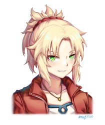 Rule 34 | 1girl, 2020, absurdres, artist name, blonde hair, blush, braid, collarbone, commentary, fate/grand order, fate (series), gem, green eyes, hair ornament, hair scrunchie, highres, jacket, jewelry, long hair, looking at viewer, mordred (fate), mordred (fate/apocrypha), mordred (memories at trifas) (fate), necklace, nyungsep, parted lips, ponytail, red jacket, red scrunchie, scrunchie, shirt, short hair, simple background, smile, solo, teeth, white background, white shirt