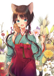 Rule 34 | 1girl, :d, absurdres, animal, animal ears, aqua eyes, aqua kimono, bamboo, cat ears, cat girl, cat tail, commentary, cowboy shot, english commentary, fang, floral background, flower, hair ribbon, hakama, hakama skirt, highres, holding, holding animal, holding flower, japanese clothes, kimono, long sleeves, looking at viewer, midorikawa you, mouse (animal), open mouth, original, photoshop (medium), pink flower, red hakama, red ribbon, ribbon, shirt, skin fang, skirt, smile, solo, tail, tassel, twintails, white background, white flower, wide sleeves, yellow shirt
