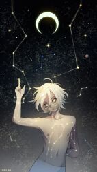 Rule 34 | 1boy, ahoge, arm behind back, arm markings, artist name, bare pectorals, bare shoulders, black sky, chest markings, chin, closed mouth, collarbone, commentary, constellation, crescent moon, facial mark, frown, hand up, highres, hoshi-pan, looking at viewer, male focus, moon, navel, night, night sky, nipples, original, pants, pectorals, planet, pointing, pointing up, short hair, sky, solo, sparkle, star (sky), symbol-only commentary, topless male, upper body, white background, white pants, yellow eyes