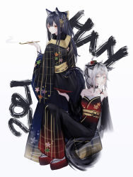 Rule 34 | 0 (znanimo), 2girls, absurdres, alternate costume, alternate hairstyle, animal ears, arknights, black collar, black kimono, black sleeves, collar, collarbone, detached sleeves, ear piercing, from behind, full body, grey hair, highres, holding, holding smoking pipe, japanese clothes, kimono, knees up, lappland (arknights), long hair, looking at viewer, looking back, multiple girls, off shoulder, orange eyes, piercing, ponytail, red footwear, simple background, sitting, smoking pipe, standing, tail, texas (arknights), white background, white legwear, wolf ears, wolf girl, wolf tail