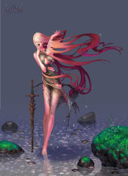 Rule 34 | 1girl, anima, long hair, multicolored hair, open mouth, solo, sword, torn clothes, two-tone hair, water, weapon, wen-m