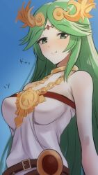 Rule 34 | 1girl, ancient greek clothes, bare arms, bare shoulders, breasts, chiton, circlet, collarbone, dress, forehead jewel, gold, gold choker, green eyes, green hair, highres, jewelry, kid icarus, kid icarus uprising, kwrssbsp, large breasts, laurel crown, light blush, long hair, neck ring, nintendo, palutena, parted bangs, pendant, solo, strapless, strapless dress, translation request, very long hair, white dress