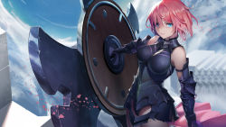 Rule 34 | 1girl, absurdres, armor, armored leotard, black leotard, blue eyes, blue sky, breasts, chinese commentary, closed mouth, cloud, cloudy sky, cowboy shot, fate/grand order, fate (series), gauntlets, hair between eyes, highres, holding, holding shield, large breasts, leotard, lips, long hair, looking at viewer, madao, mash kyrielight, pink hair, shield, sky, solo, taut clothes, v-shaped eyebrows