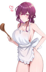 Rule 34 | 1girl, absurdres, apron, bare arms, bare shoulders, blush, breasts, commentary request, cowboy shot, heart, highres, holding, honkai: star rail, honkai (series), kafka (honkai: star rail), kisa (leg3043), korean commentary, ladle, large breasts, long hair, looking at viewer, naked apron, purple eyes, purple hair, smile, solo, standing, thighs, white apron