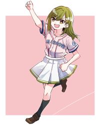 Rule 34 | 1girl, :d, ankle socks, arm up, baseball jersey, black socks, border, brown footwear, check commentary, clenched hands, collarbone, commentary request, double horizontal stripe, green hair, hair ornament, hairclip, highres, jersey, kanduki kamibukuro, link! like! love live!, loafers, logo, long hair, looking ahead, love live!, oogami sachi, open mouth, outline, outside border, pink shirt, running, shirt, shoes, short sleeves, skirt, smile, socks, solo, swept bangs, v-shaped eyebrows, white border, white outline, white skirt