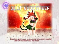 Rule 34 | 1girl, ;3, adapted costume, animal ears, bow, braid, cat ears, cat tail, character name, dr. addamelech, english text, floating hair, foreshortening, hair bow, hair over eyes, highres, kaenbyou rin, long hair, looking at viewer, midriff, multiple tails, navel, nekomata, one eye closed, pointing, pointing at viewer, red eyes, red hair, solo, tail, touhou, twin braids, twintails