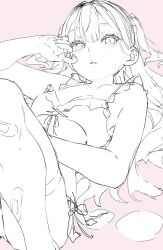 Rule 34 | 1girl, bandaid, bandaid on leg, bikini, blunt bangs, blush, breasts, collarbone, daluto (hitomi555), feet out of frame, hand up, highres, knee up, long hair, looking at viewer, lying, medium breasts, on back, original, parted lips, pink background, sketch, solo, swimsuit, thigh strap, two side up