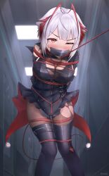 Rule 34 | 1girl, arknights, arms behind back, bdsm, black leotard, black pantyhose, blush, bondage, bound, bound arms, bound legs, bound wrists, breasts, brown eyes, crotch rope, demon horns, gag, gagged, highres, horns, improvised gag, kochiyo-desu, large breasts, leotard, multicolored hair, one eye closed, pantyhose, restrained, shibari, short hair, solo, tail, tape, tape gag, w (arknights), white hair
