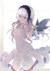 Rule 34 | 1girl, black wings, bloom, breasts, cowboy shot, day, dress, eating, fingernails, food, hairband, highres, indoors, lolita hairband, long hair, looking at viewer, medium breasts, navel, nipples, no bra, packet, pocky, rozen maiden, shoulerless dress, silver hair, solo, suigintou, thighs, tousen, translucent, very long hair, white dress, window, wings
