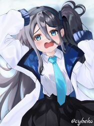 Rule 34 | absurdly long hair, aris (blue archive), black hair, blue archive, blue eyes, blue necktie, blush, borrowed clothes, collared shirt, hair between eyes, hairband, highres, jacket, long hair, long sleeves, looking at viewer, necktie, non-web source, one side up, open mouth, ringed eyes, shirt, simple background, skirt, very long hair, white shirt