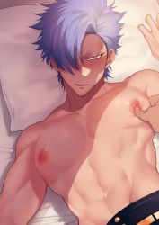 Rule 34 | 1boy, 1other, blue hair, blush, dotsuco, grabbing, hair over one eye, highres, lying, male focus, muscular, muscular male, nipples, on back, on bed, original, pectoral grab, pillow, shadow, topless male, short hair, tsurime, upper body