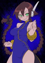 Rule 34 | 1girl, absurdres, aile (mega man zx), bare shoulders, blue background, blue dress, blush, braid, braided ponytail, breasts, brown hair, buzzlyears, china dress, chinese clothes, clenched hand, covered collarbone, cowboy shot, dress, fighting stance, green eyes, highres, long hair, looking at viewer, martial arts, medium breasts, mega man (series), mega man zx, mega man zx advent, robot ears, sharp teeth, sideboob, sleeveless, sleeveless dress, smirk, solo, teeth, thighhighs