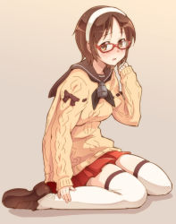 Rule 34 | 10s, 1girl, alternate costume, aran sweater, bespectacled, blush, brown eyes, brown hair, cable knit, e20, glasses, hairband, headband, kantai collection, knees together feet apart, loafers, natori (kancolle), neckerchief, personification, pleated skirt, sailor collar, school uniform, serafuku, shoes, short hair, sitting, skirt, solo, sweater, thighhighs, wariza, white thighhighs, zettai ryouiki