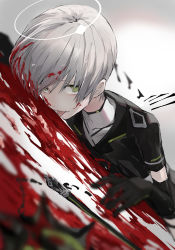 Rule 34 | 1boy, arene (arknights), arknights, bad id, bad pixiv id, black gloves, black jacket, blood, blood in hair, blood on face, blood splatter, blurry, blurry background, blurry foreground, commentary, elbow gloves, gloves, gradient background, green eyes, grey background, grey hair, halo, highres, jacket, licking blood, looking at viewer, lying, male focus, on stomach, shirt, short hair, short sleeves, simple background, solo, tocotaro, tongue, tongue out, upper body, white background, white shirt