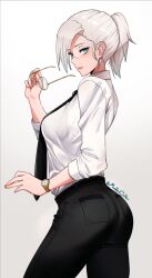 Rule 34 | 1girl, ass, blue eyes, breasts, formal, from side, glasses, glasses removed, highres, large breasts, long hair, looking at viewer, looking to the side, moddedjoker, open mouth, pants, parted lips, ponytail, rwby, scar, shirt, sideboob, solo, white hair, winter schnee