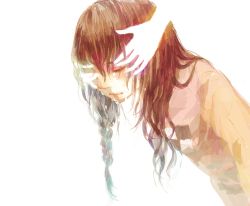 Rule 34 | 1girl, aotsuki-a, braid, closed eyes, hands on another&#039;s head, highres, lips, madotsuki, simple background, solo focus, tears, white background, yume nikki