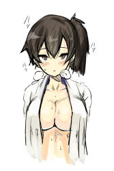 Rule 34 | 10s, 1girl, blush, breasts, female focus, iwasaki takashi, kaga (kancolle), kantai collection, large breasts, looking at viewer, no bra, open clothes, short hair, simple background, sketch, solo, white background