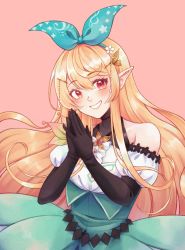 Rule 34 | 1girl, absurdres, acatkat, armpit crease, bare shoulders, blonde hair, blush, commentary, fairy, flower, gloves, hair ornament, hair ribbon, hairband, highres, long hair, looking at viewer, nijisanji, nijisanji en, orange eyes, own hands together, pink background, pointy ears, pomu rainpuff, ribbon, simple background, smile, solo, traditional media, very long hair, virtual youtuber